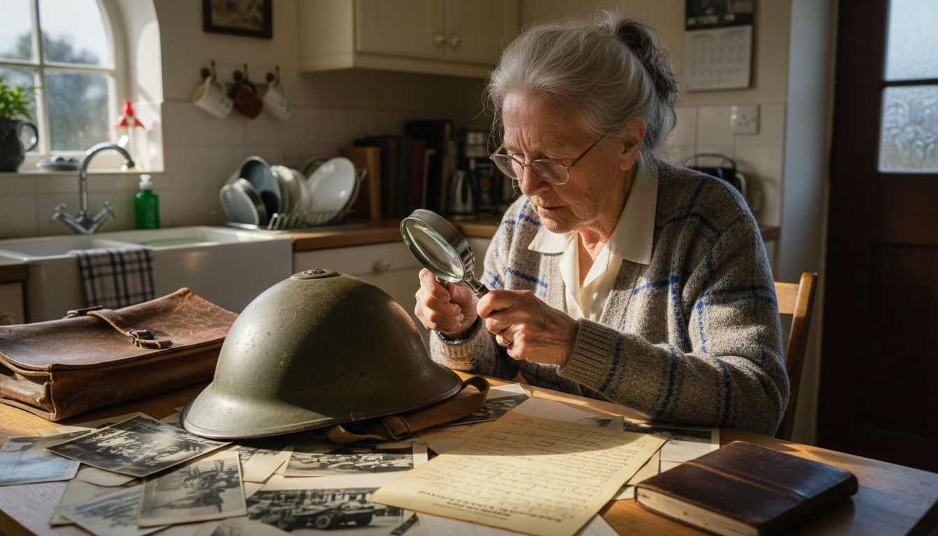 Woman verifying authenticity of military helmet