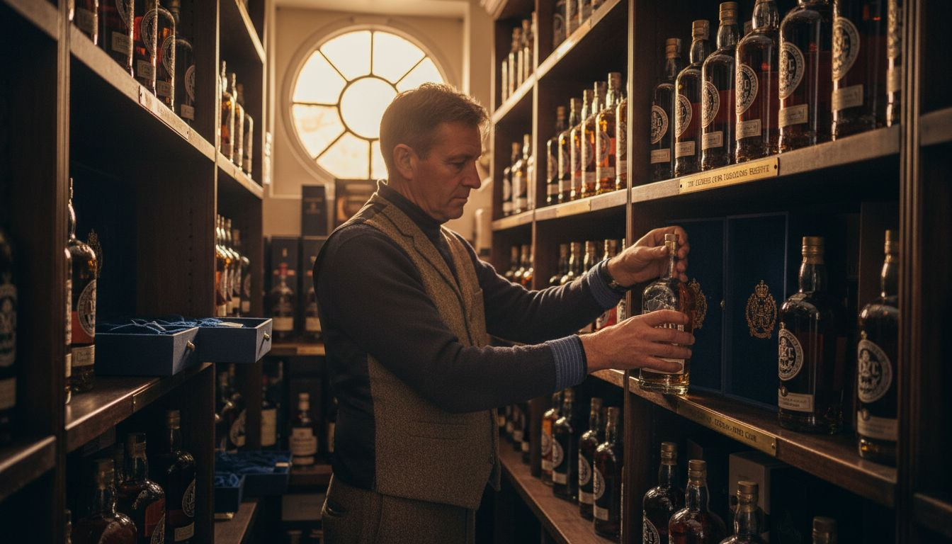 Shopkeeper arranging regimental whiskey display