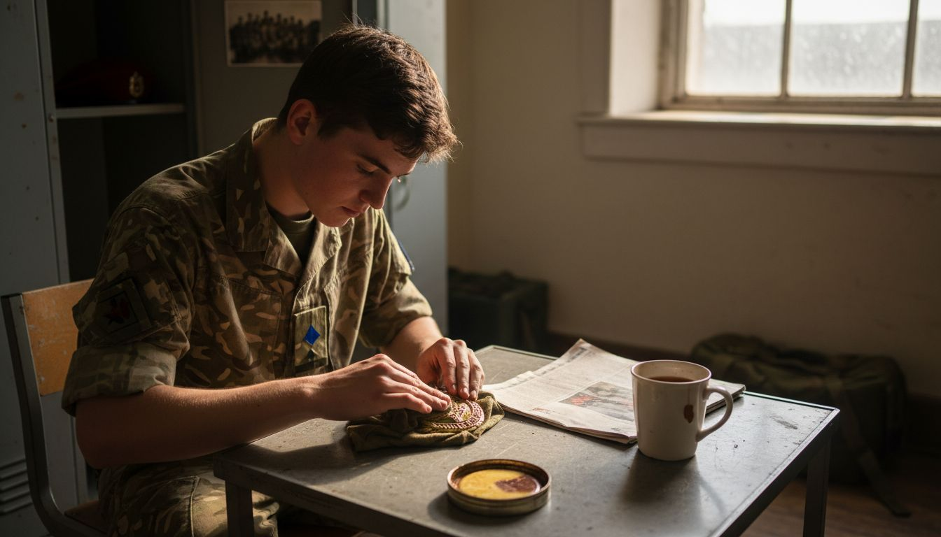 Army private cleaning brass regimental badge
