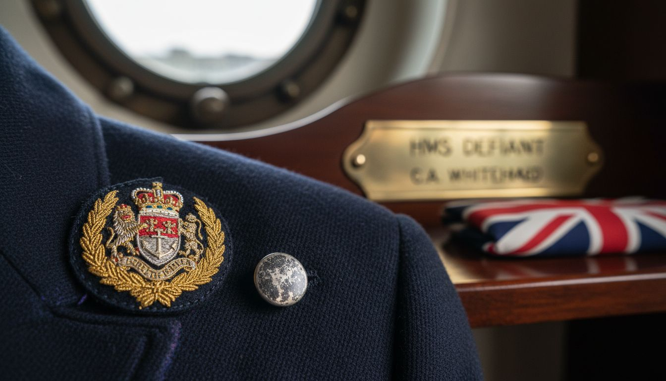 Close-up of ship badge on uniform