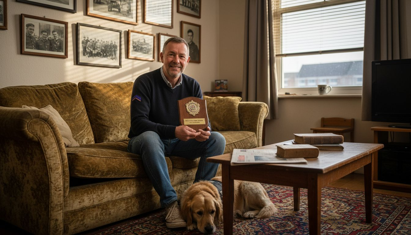Veteran with commemorative gift in living room