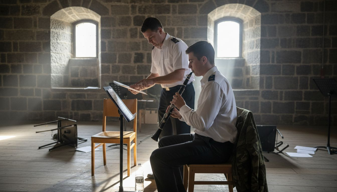 Military musician rehearsing with instructor