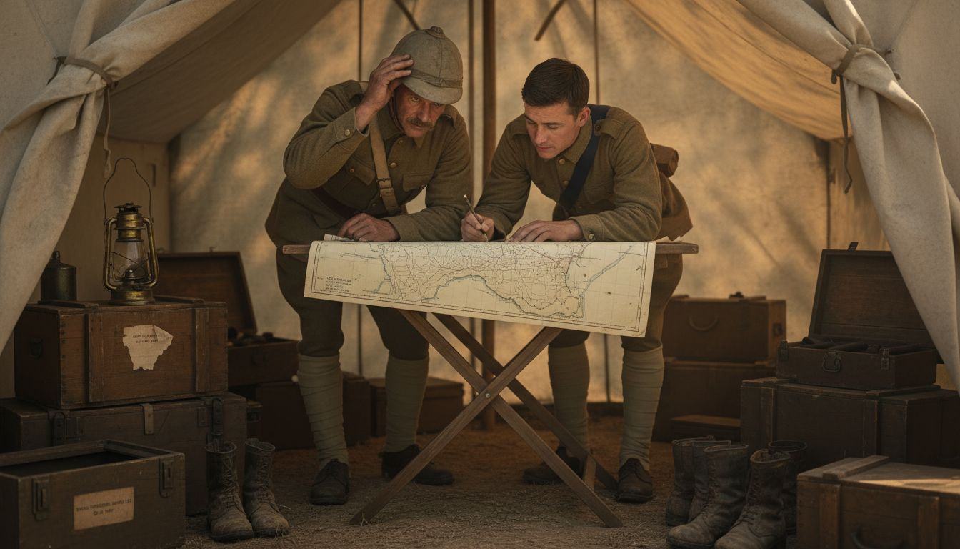 Royal Engineers surveying in canvas tent camp