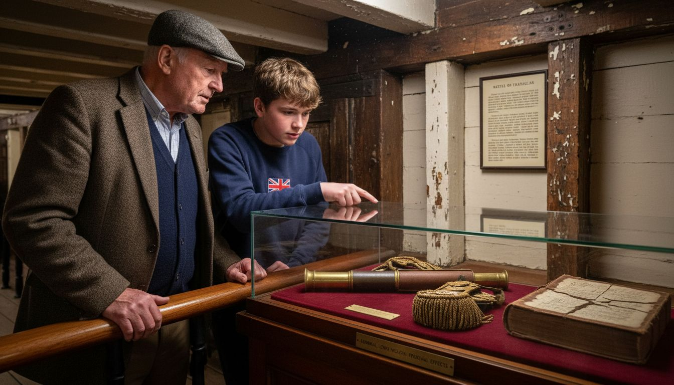 Visitors examine HMS Victory display case