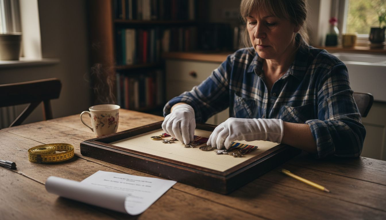 Woman preparing a military medal frame