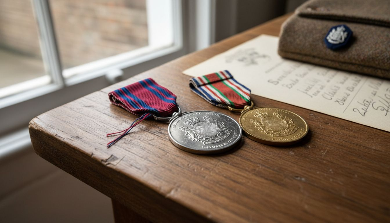 Close view British campaign medals on table