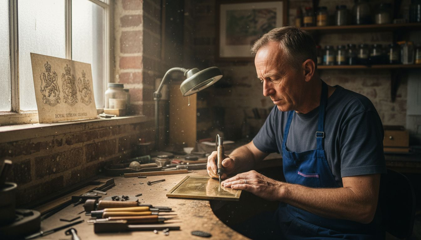 Artisan engraving military plaque in workshop