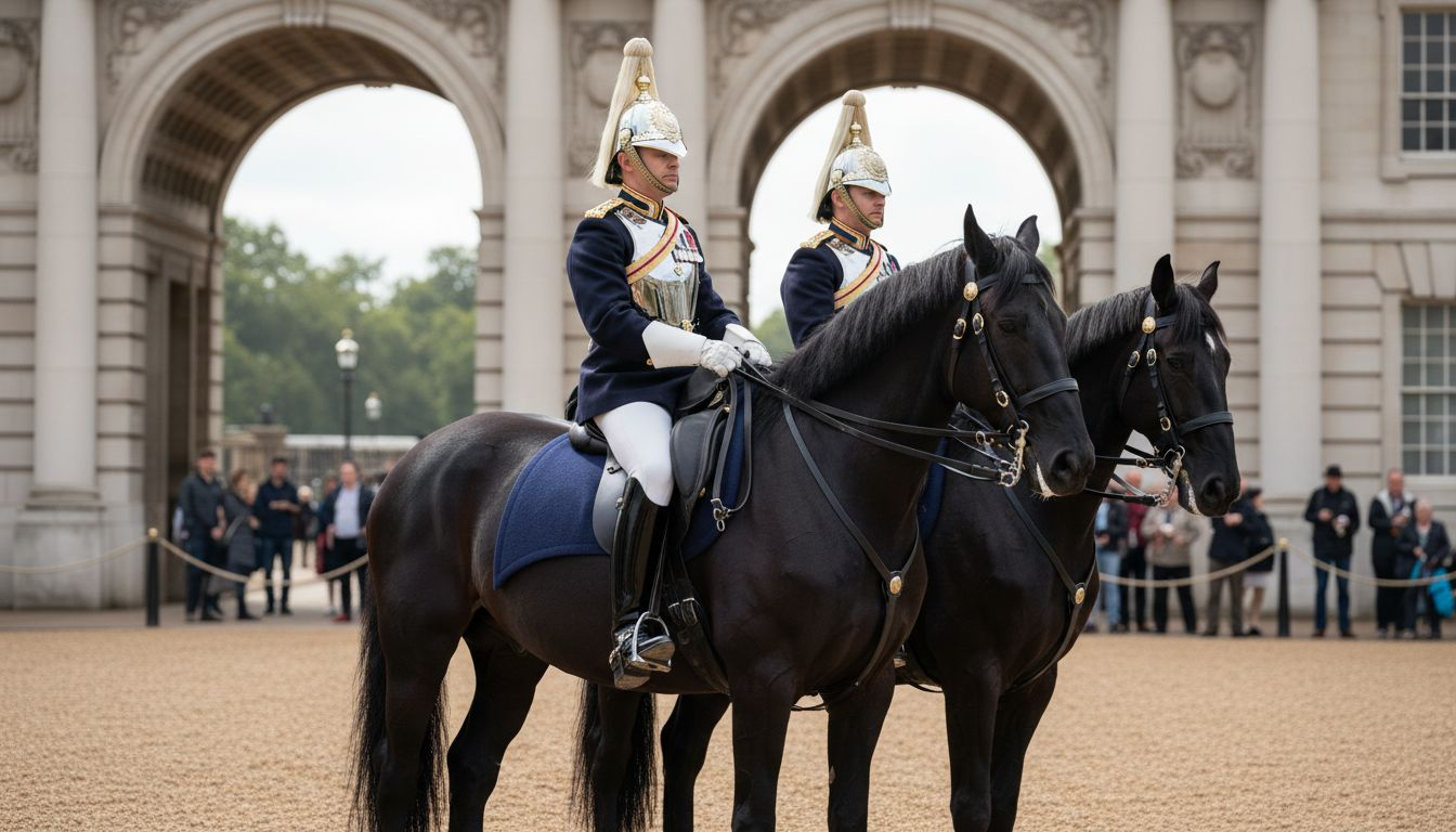 Household Cavalry troopers on horses in London
