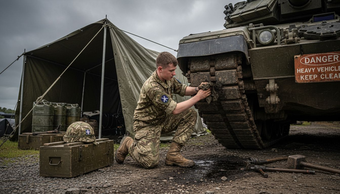 Soldier maintaining cavalry regiment tank