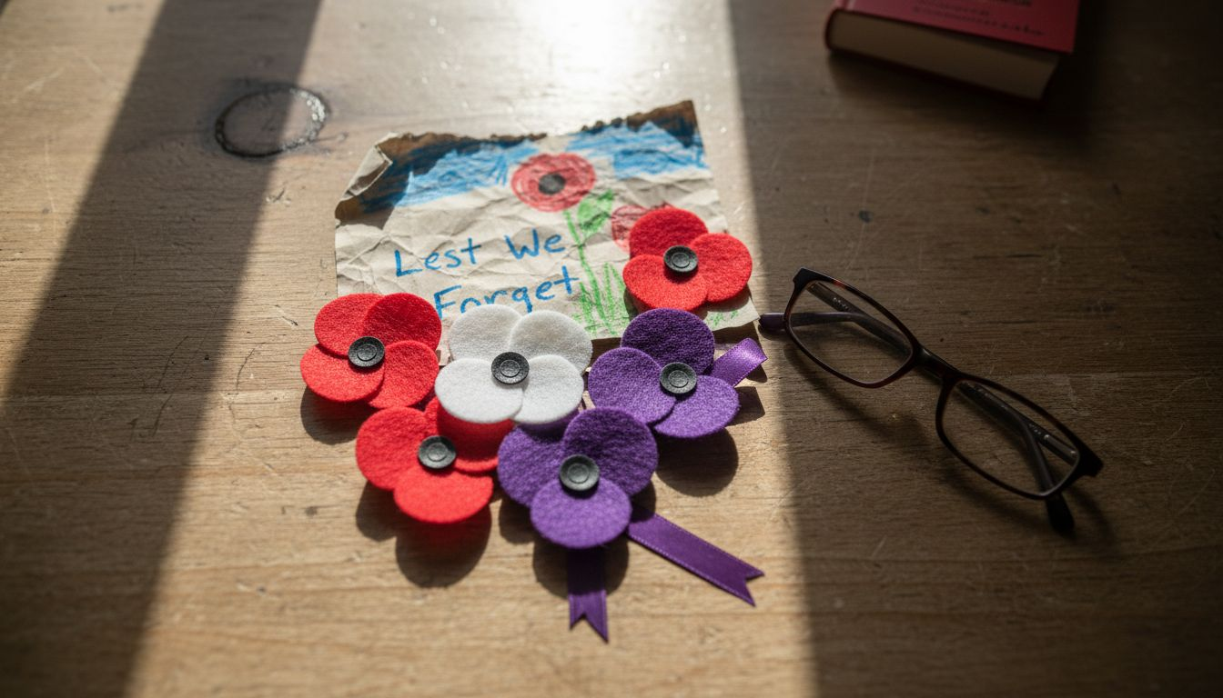 Different coloured Remembrance poppies on table