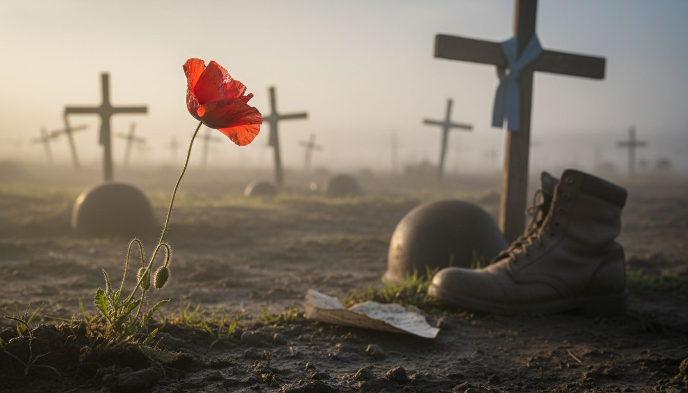 Red poppy blooms on battlefield ground