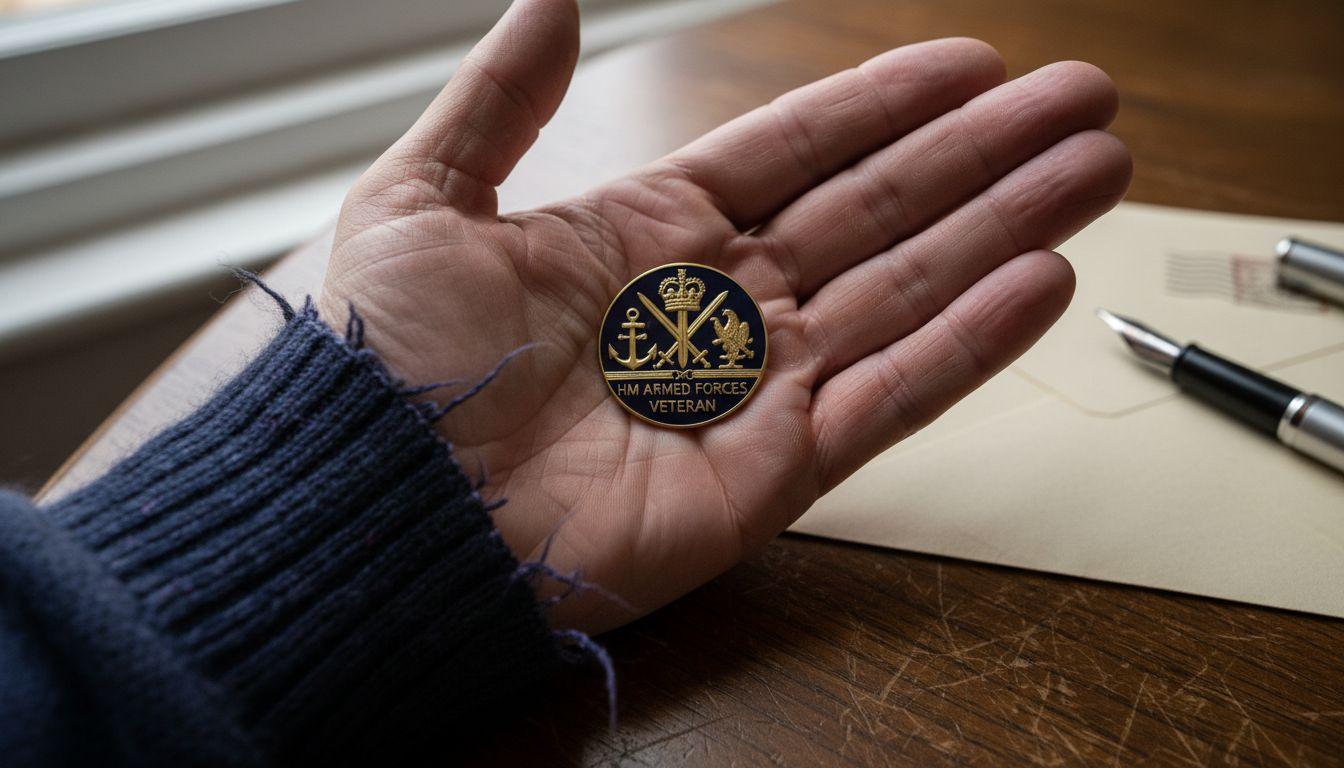 Hand holding HM Armed Forces Veterans Badge closeup