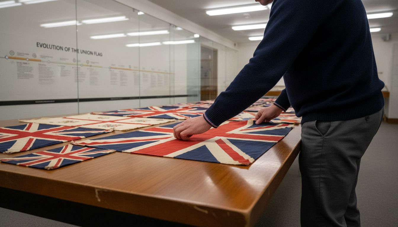 Curator arranging historic Union Jack flags
