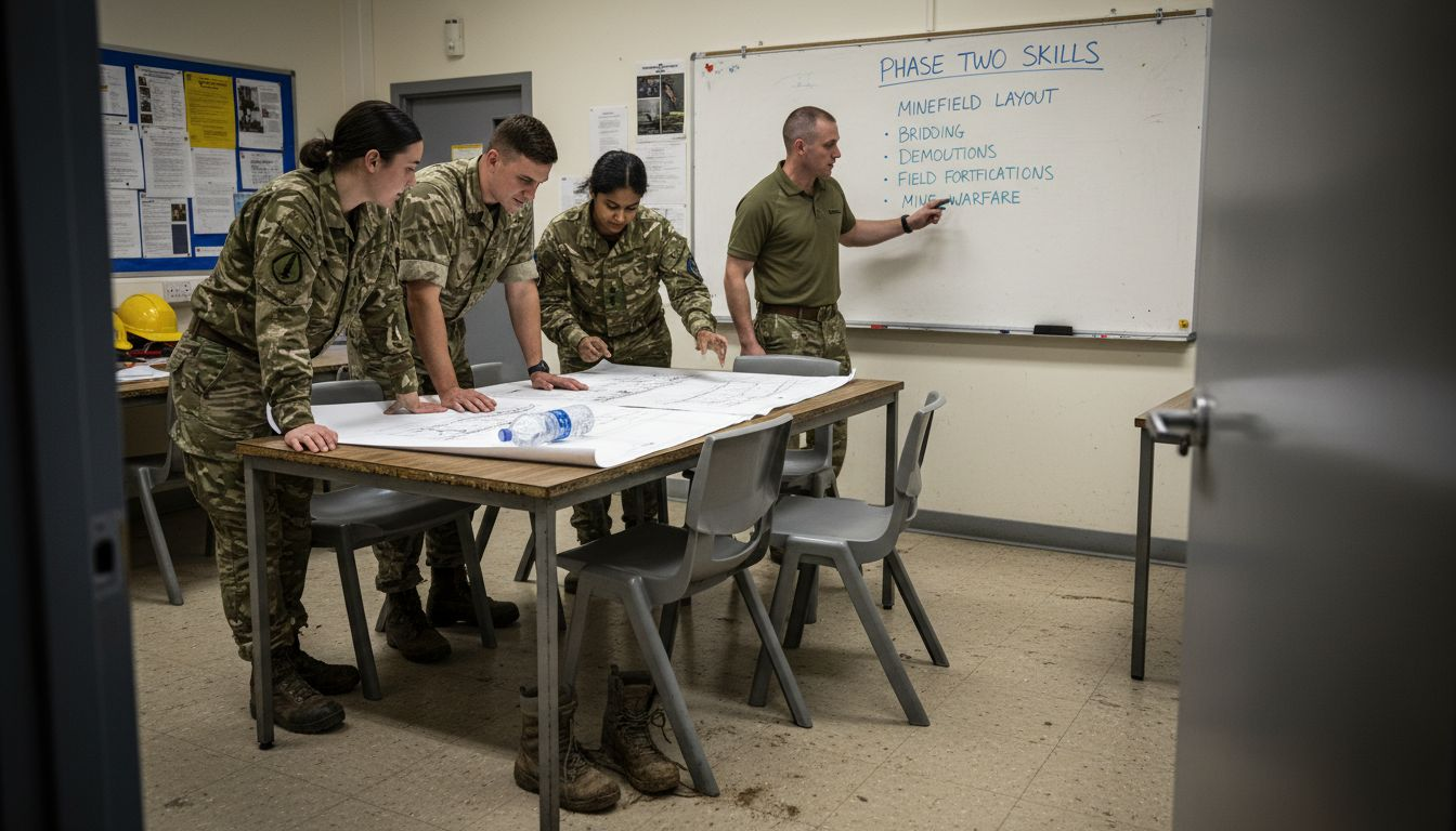 Sappers training and reviewing engineering blueprints