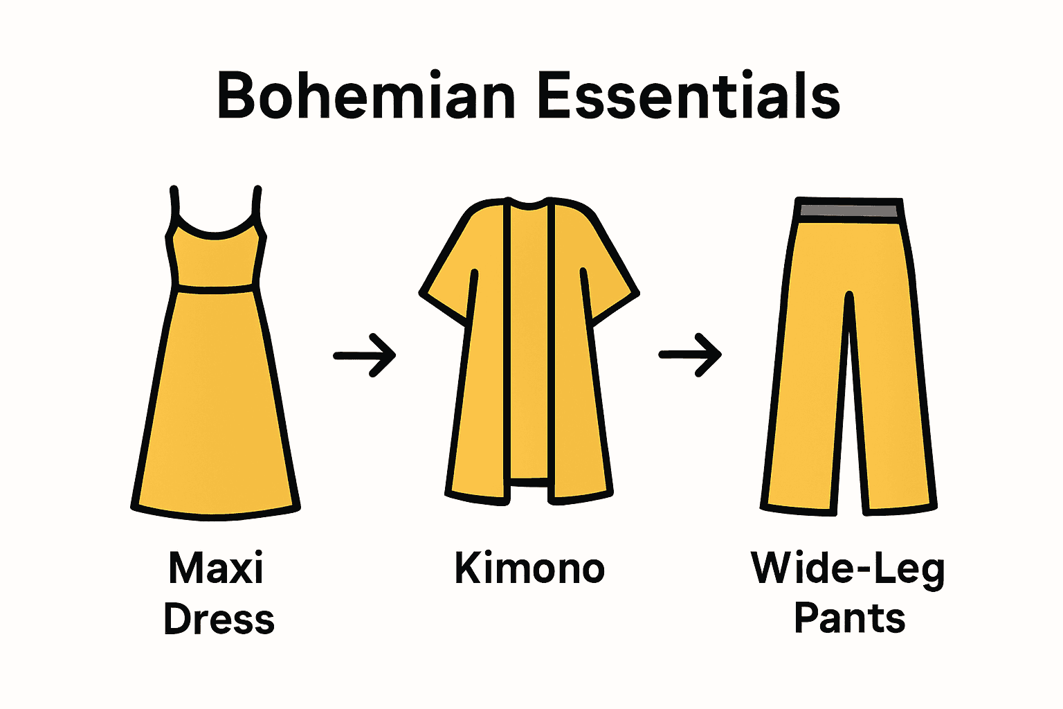 Infographic comparing maxi dresses, kimonos, and wide-leg pants as bohemian wardrobe essentials