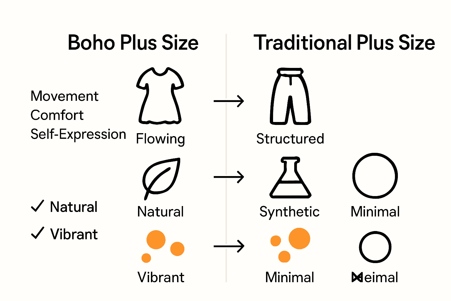 Infographic comparing boho plus size and traditional plus size styles