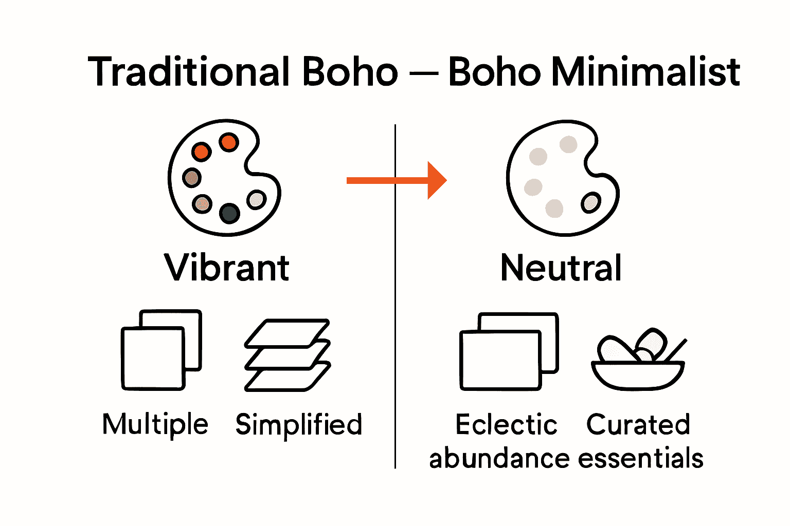 Infographic comparing characteristics of traditional boho and boho minimalist styles