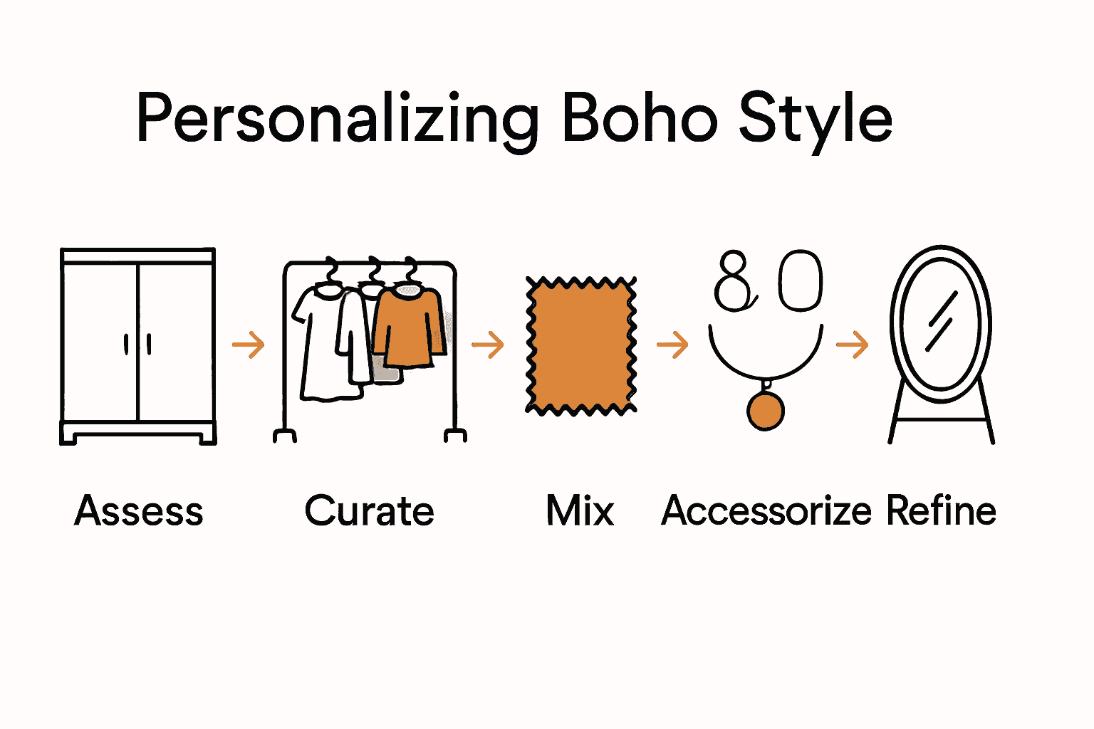 Infographic showing five steps to personalizing boho style with icons for each step.