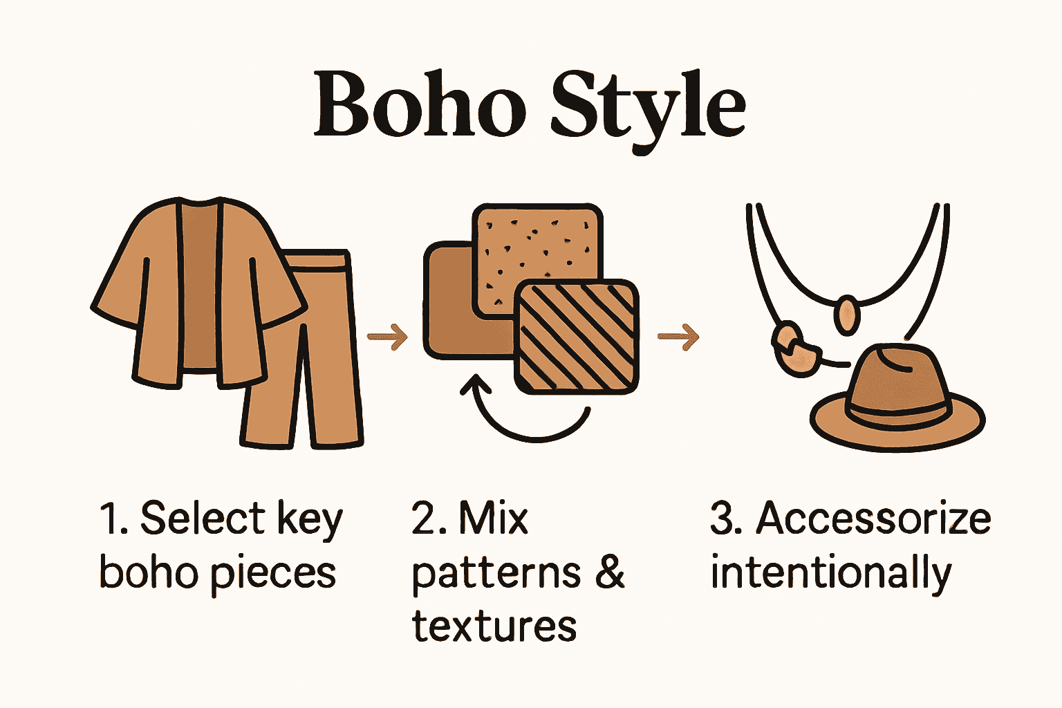 Infographic demonstrates three steps to assemble a boho outfit.