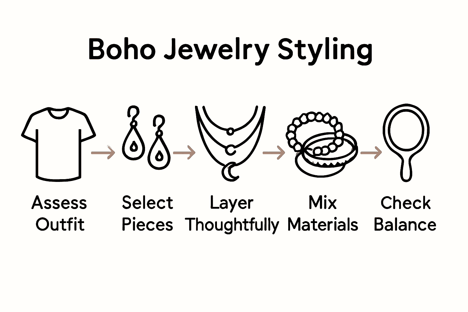 Five step guide to boho jewelry styling with icons for each phase.