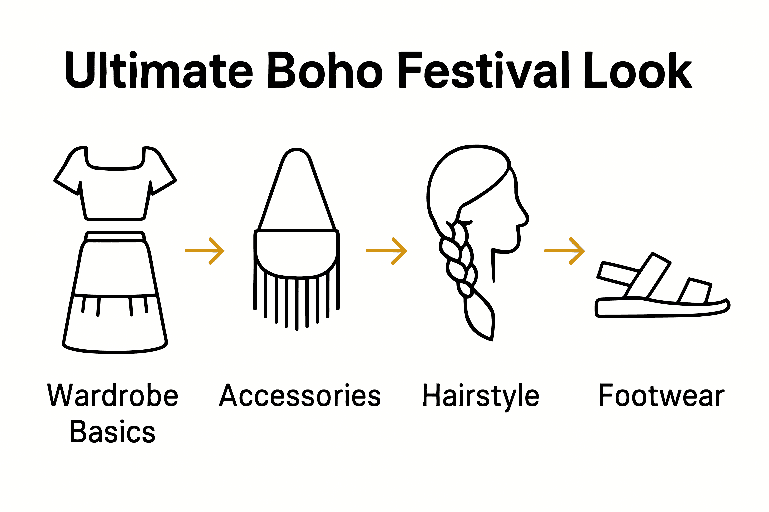 Boho festival style steps with icons for wardrobe, accessories, hair, layering, and comfort.
