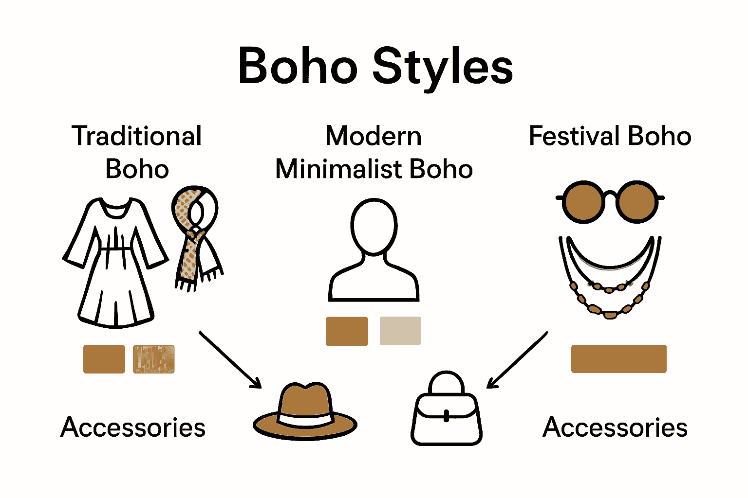 Infographic comparing three boho style outfit types with icons and colors