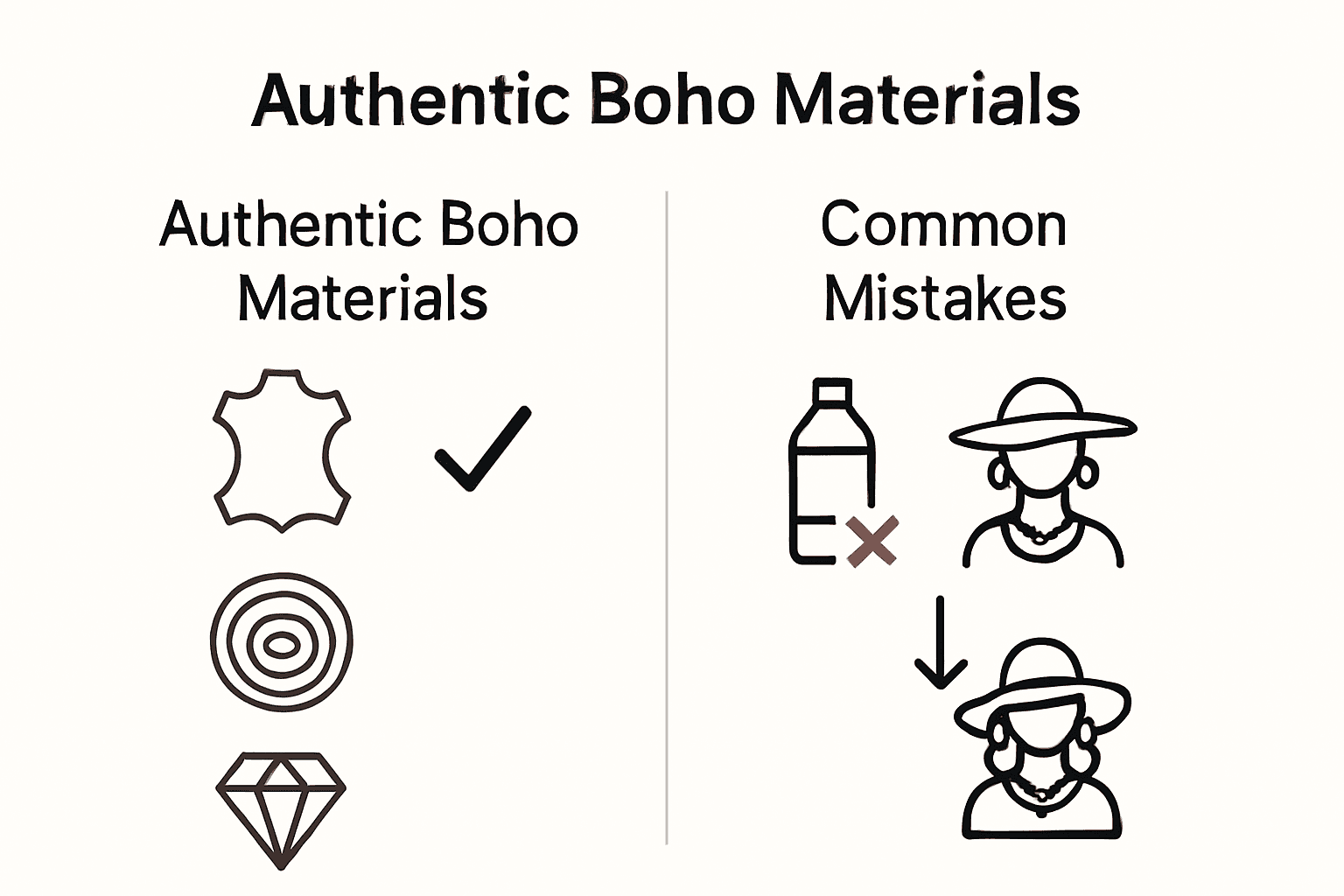 Infographic comparing authentic boho materials and common styling mistakes.