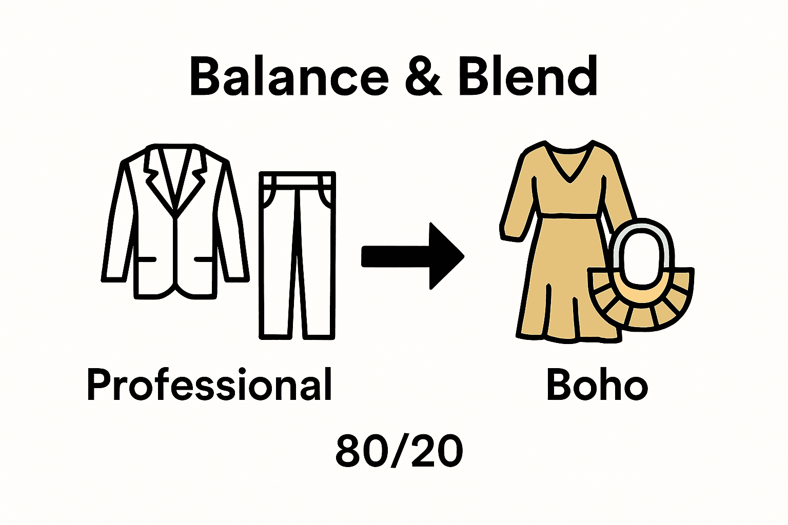 Infographic comparing structured professional and boho elements with balance arrow