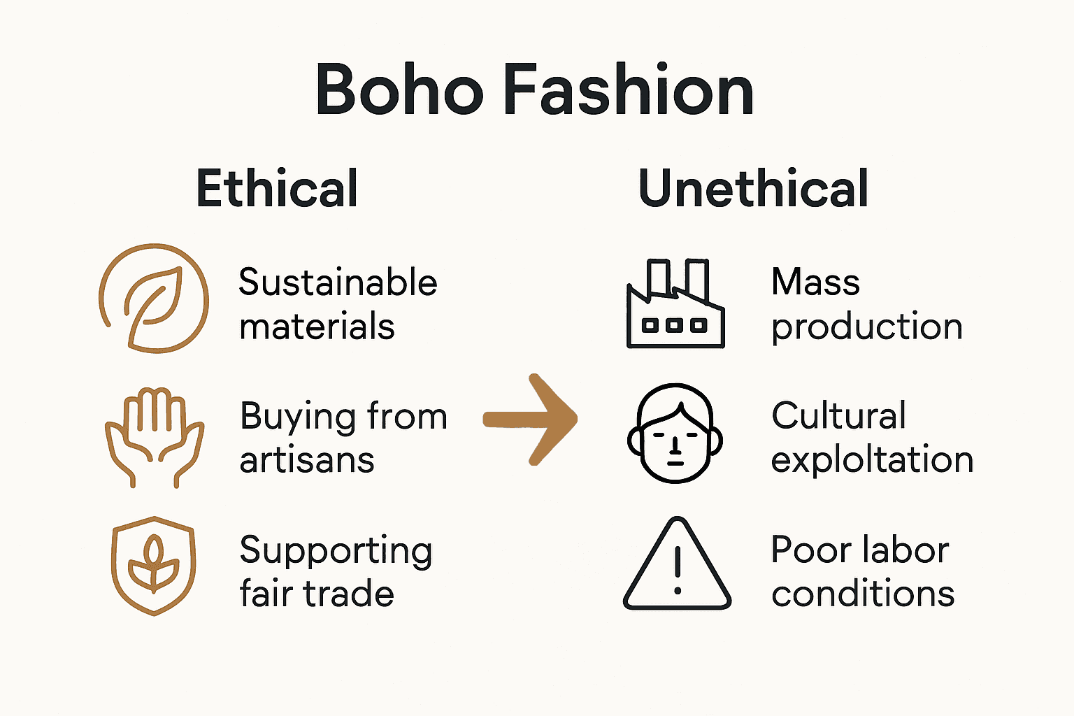 Infographic comparing ethical vs unethical boho sourcing practices.
