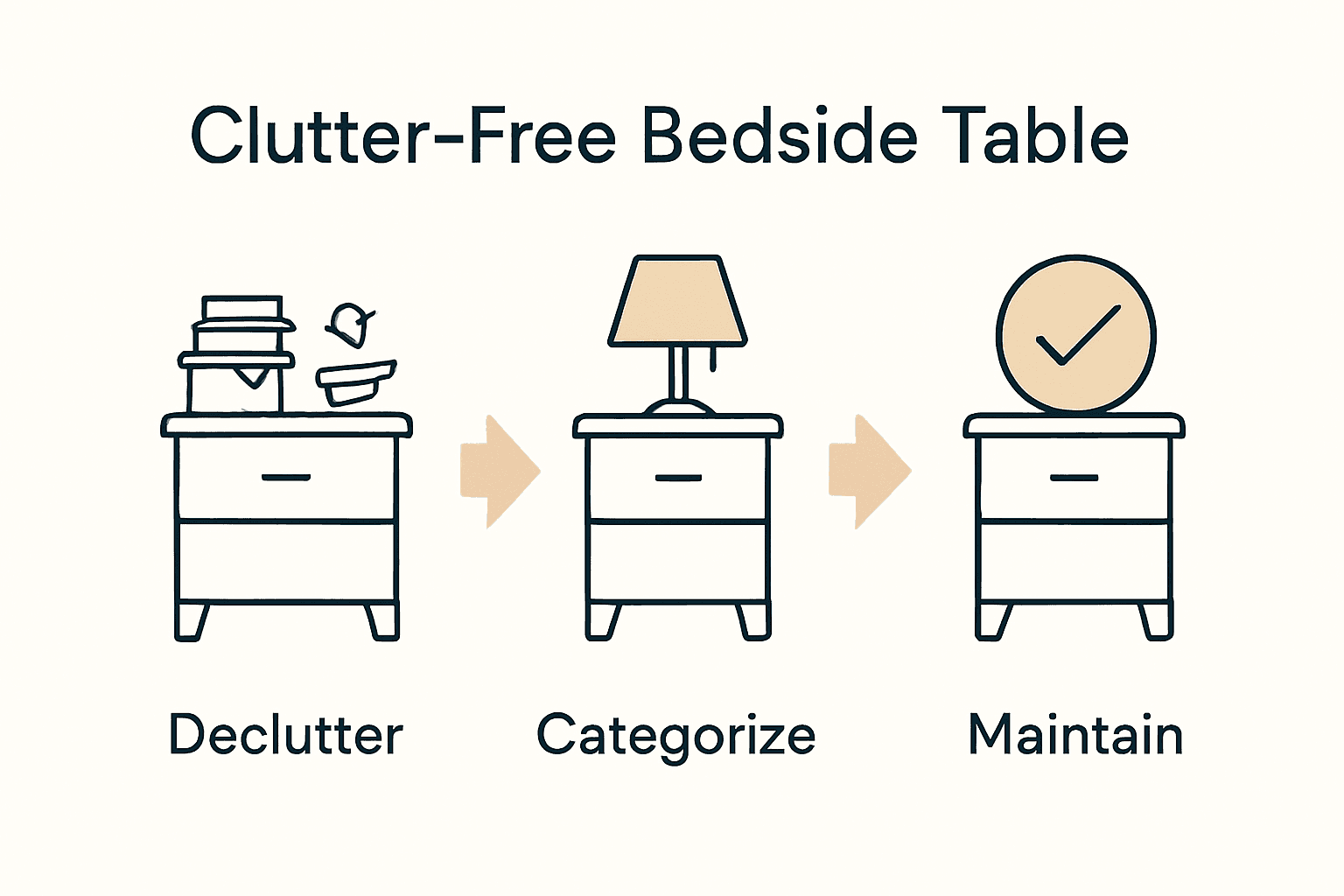Infographic showing declutter, categorize, and maintain process for bedside table organization.