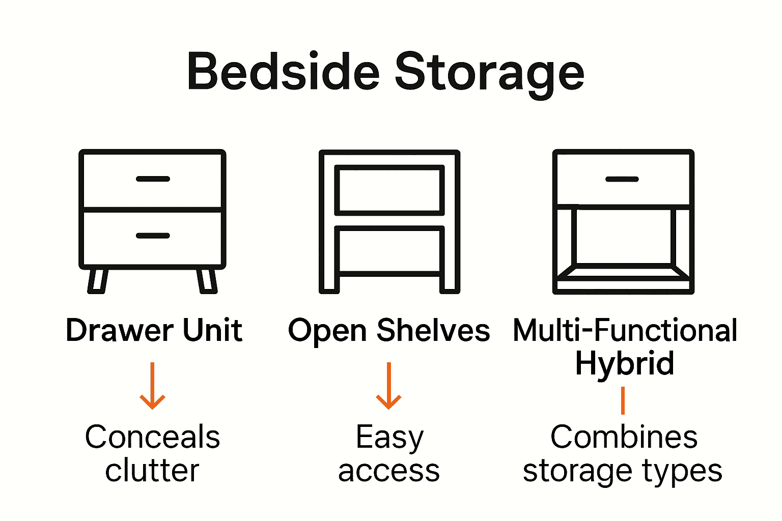 Comparison of three types of bedside storage options with icons and key features.