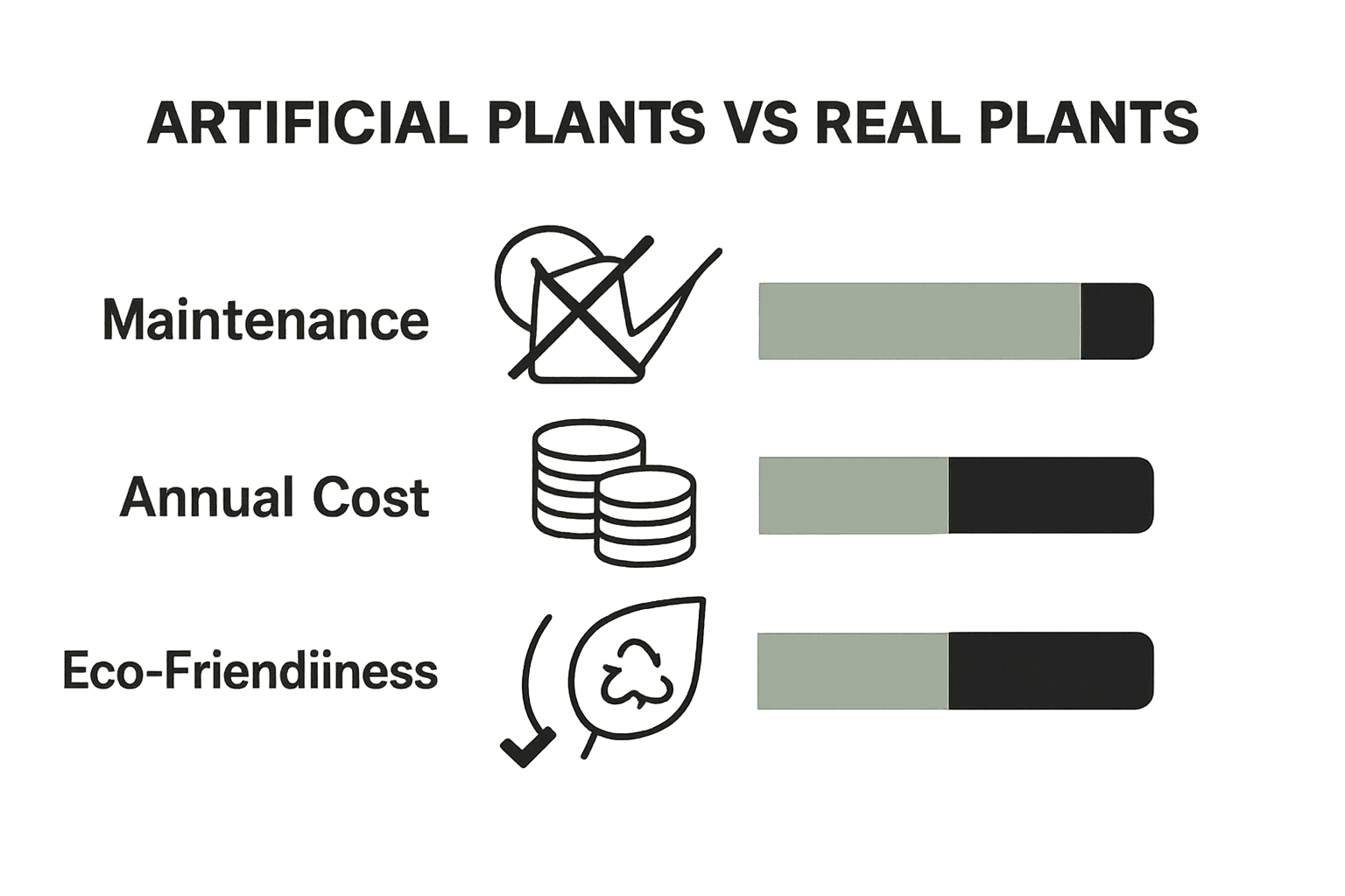 Comparison infographic showing benefits of artificial vs. real plants for maintenance, cost, and eco-friendliness.