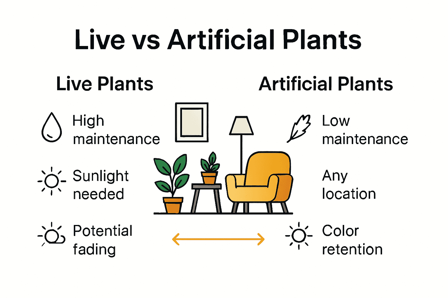Infographic comparing artificial and live plant care at home