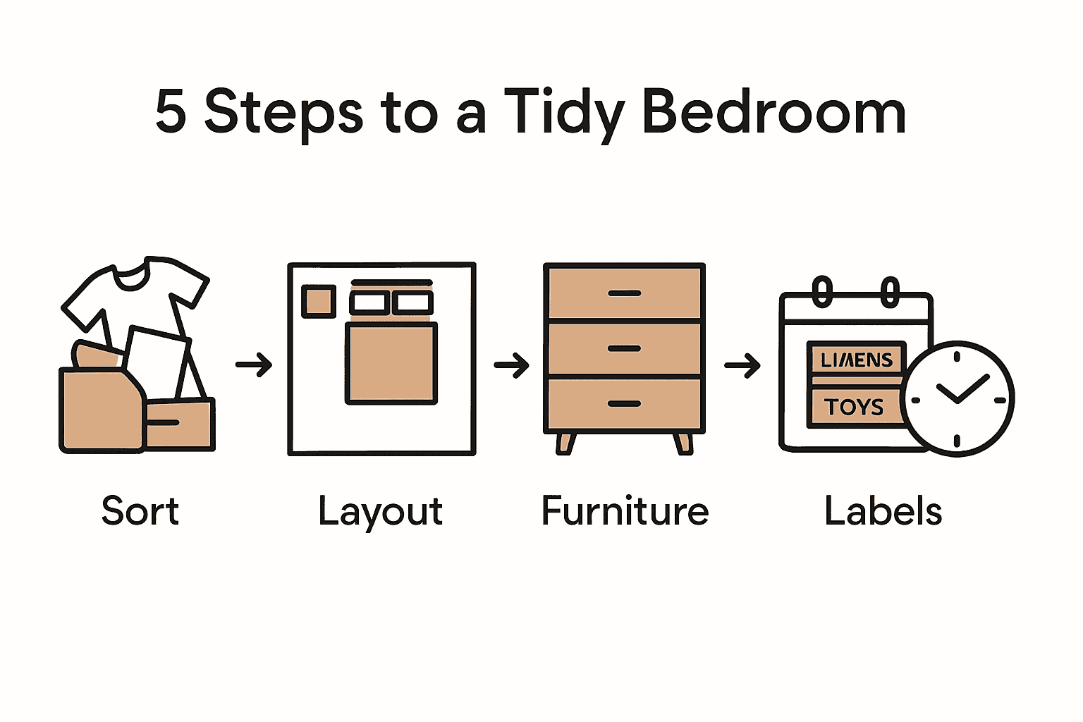 Infographic visualizing the 5-step bedroom organization process using icons and arrows.