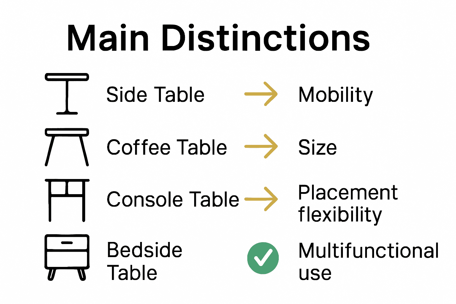 Infographic comparing features of side tables, coffee tables, console tables, and bedside tables.