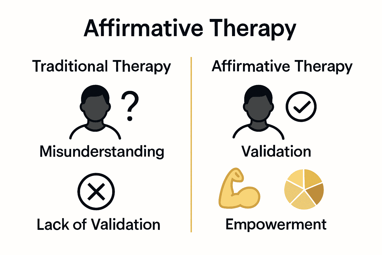Comparison infographic: traditional therapy versus affirmative therapy for LGBTQIA+ clients