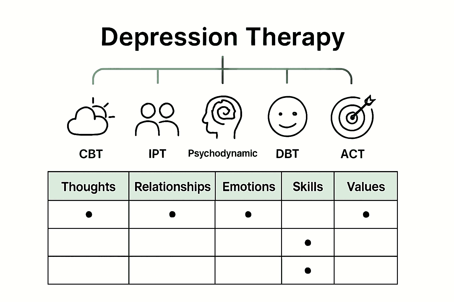 Infographic comparing five main depression therapy types