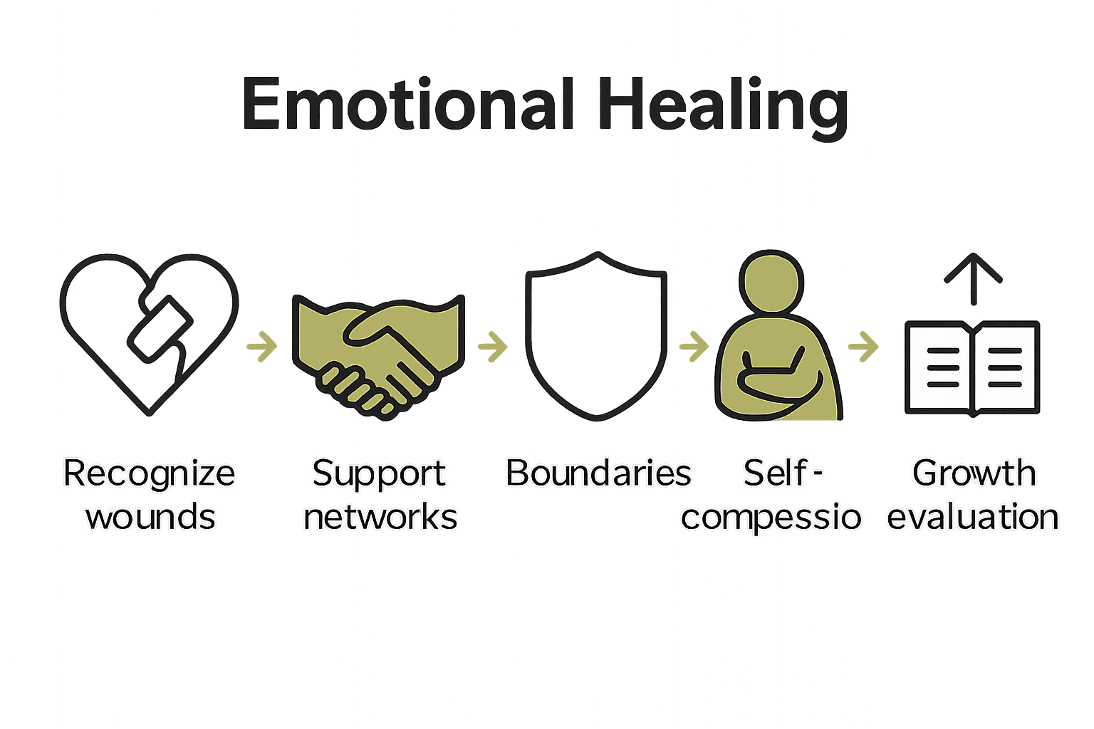 Five-step emotional healing workflow after narcissism with icons and labels