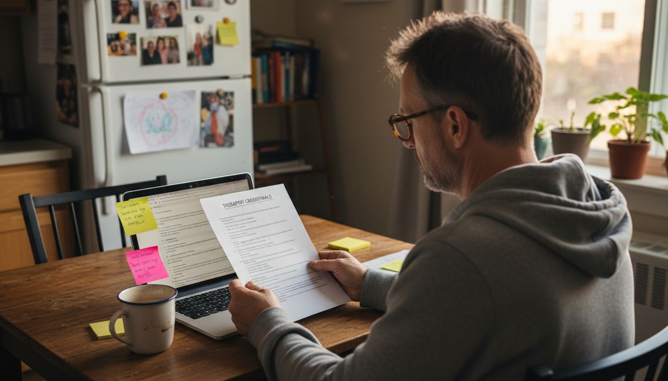 Man reviewing therapist credentials at kitchen table