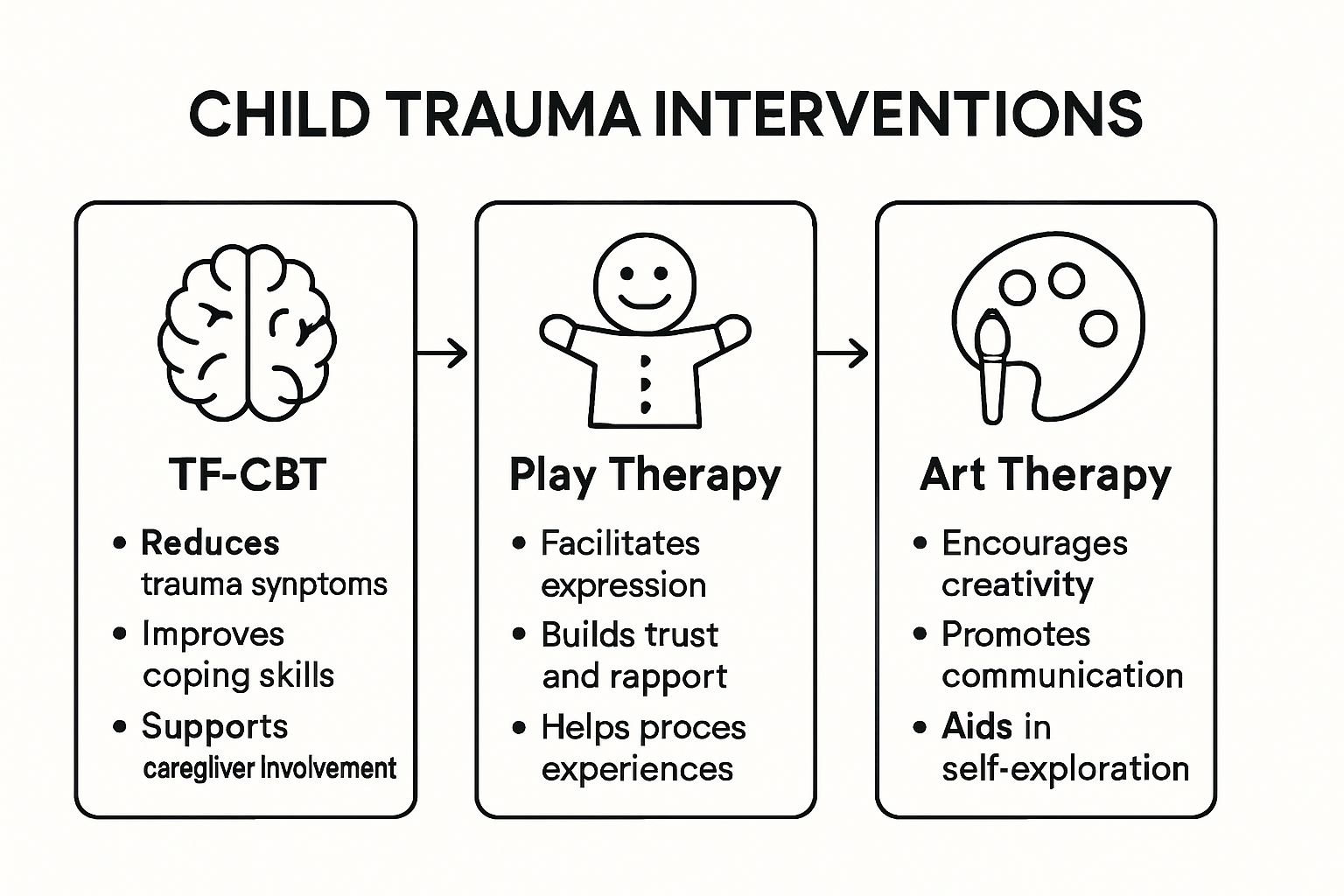 Child trauma therapy intervention types infographic