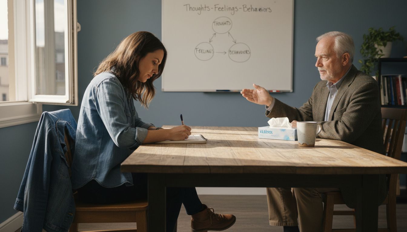 Client taking notes during CBT session