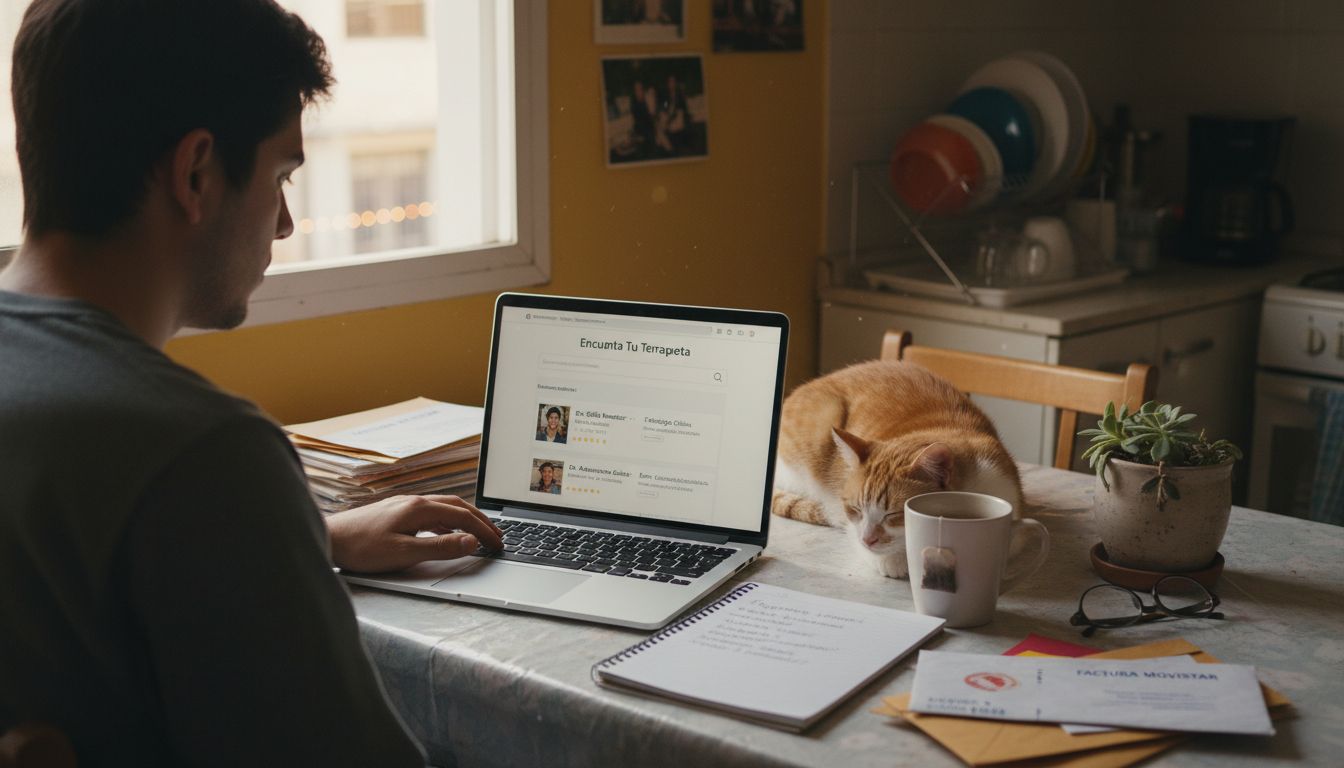 Persona buscando un terapeuta que sea inclusivo y comprenda las necesidades del colectivo LGBTQ+ a través de internet.