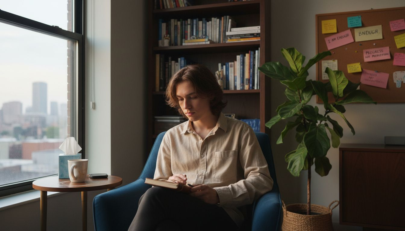 Young adult journaling in therapy office