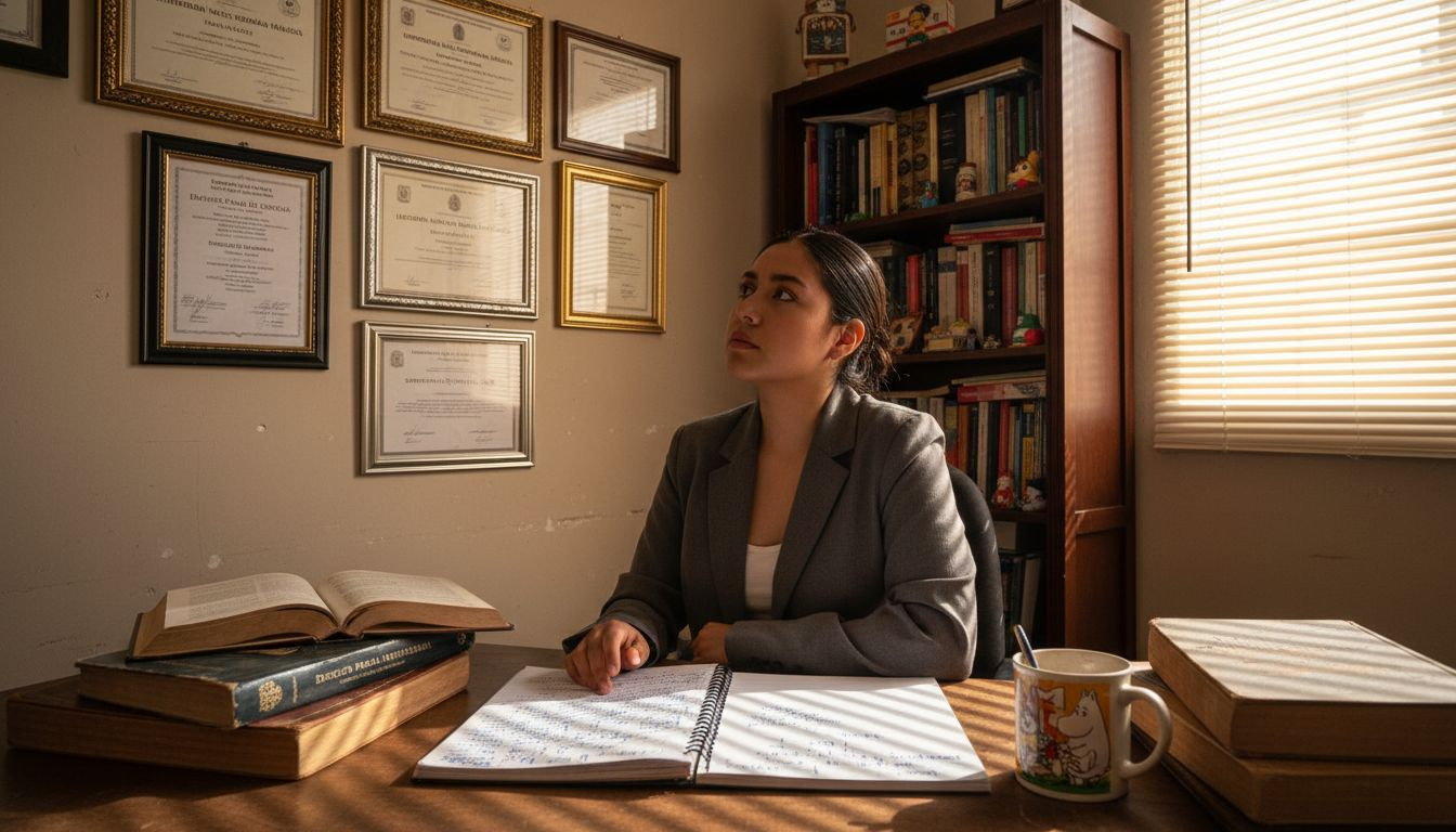 Psicólogo revisando sus diplomas y certificaciones en el despacho