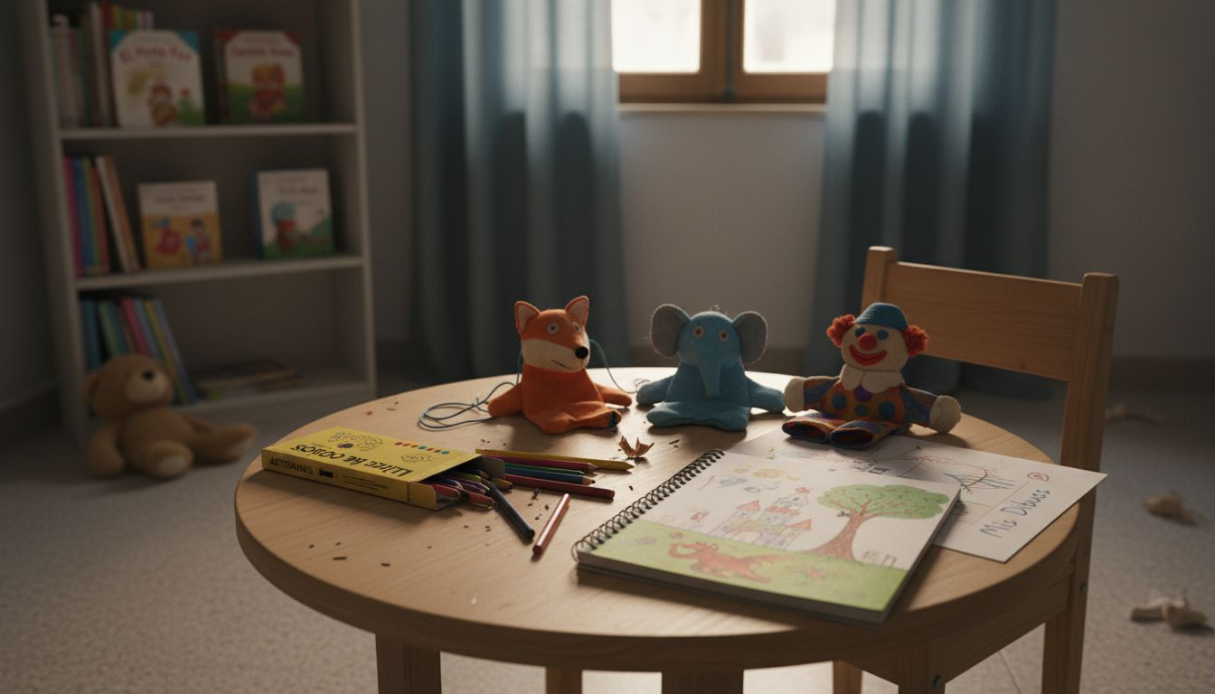 Mesa equipada con materiales terapéuticos y juguetes para niños