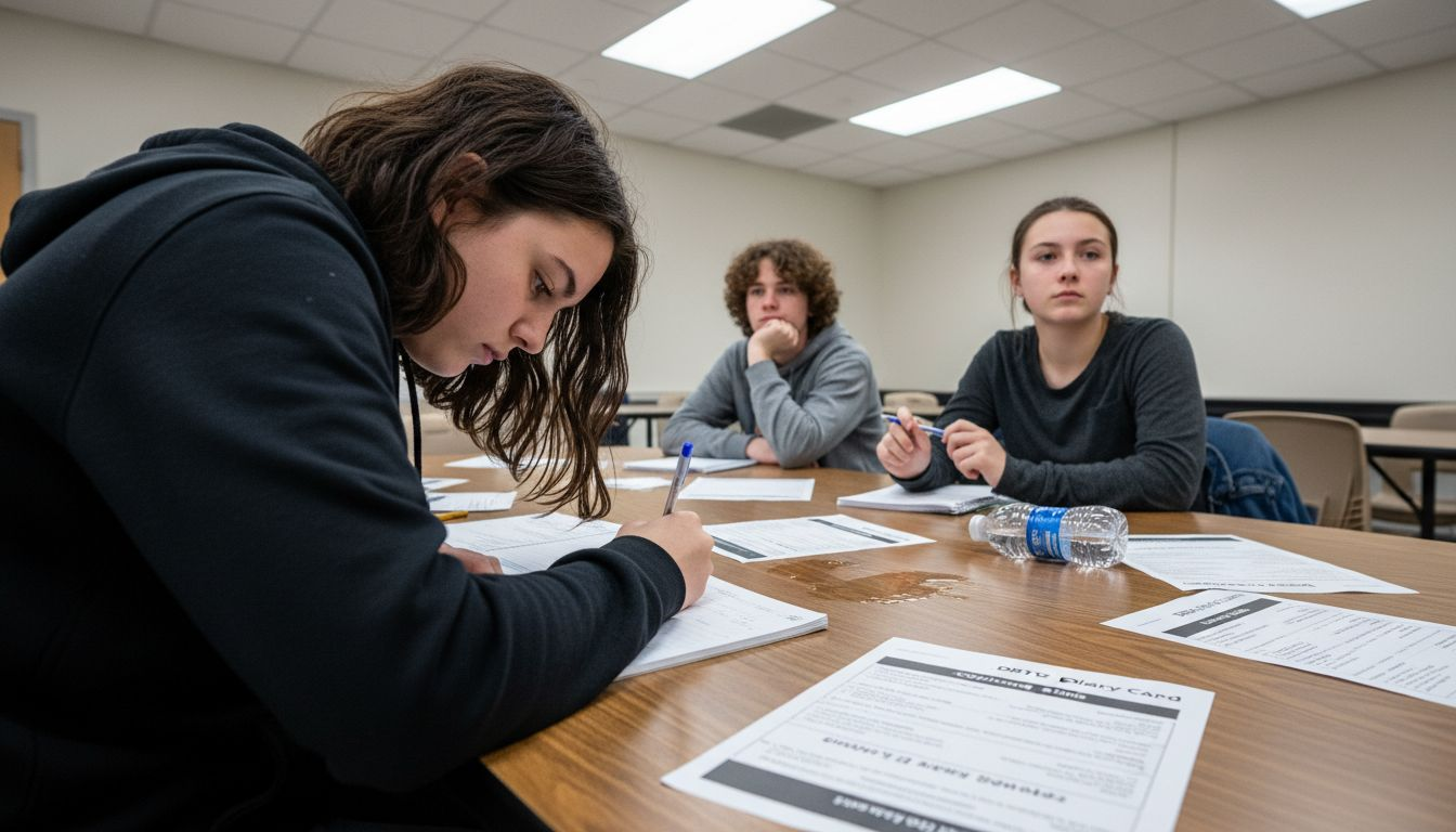 Teen writing notes in group therapy session