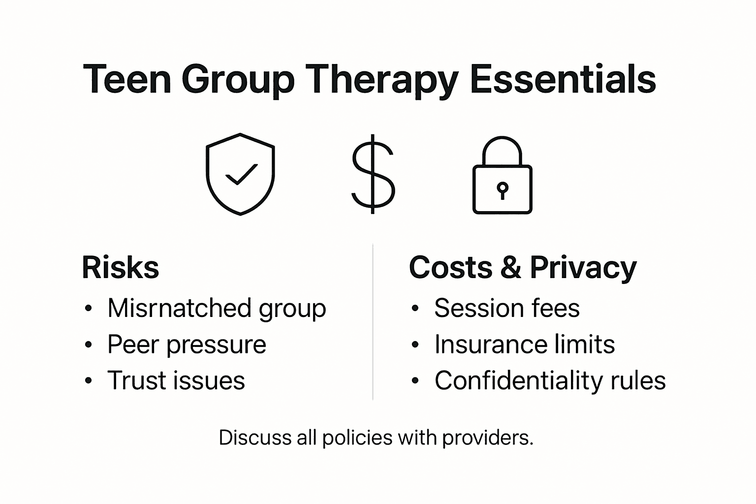Infographic covering risks, cost, confidentiality in teen therapy
