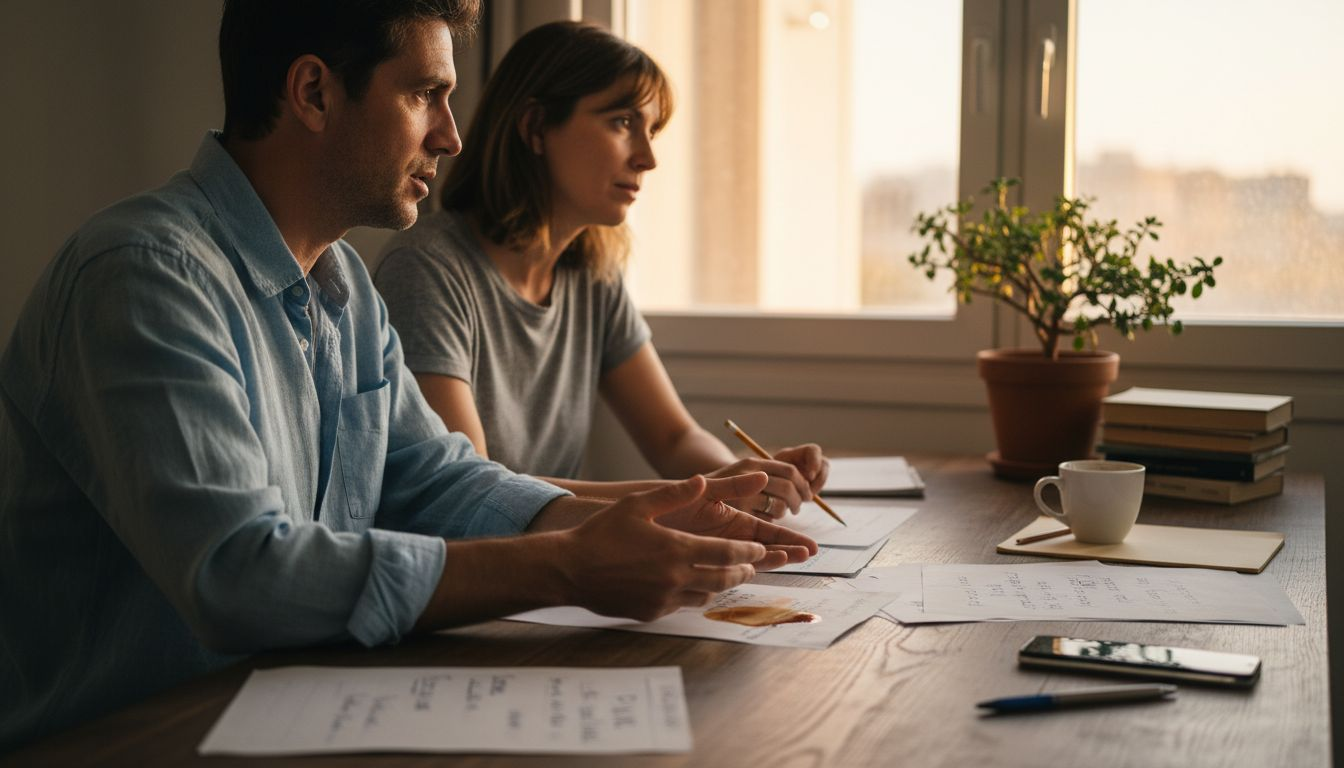 Una pareja charla tranquilamente en la sala de estar de su casa, disfrutando de un momento cotidiano juntos.