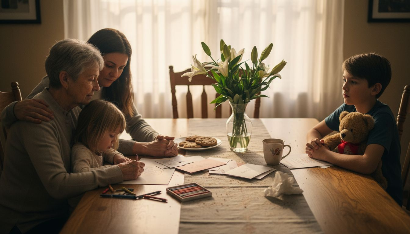 Family comforting each other at kitchen table