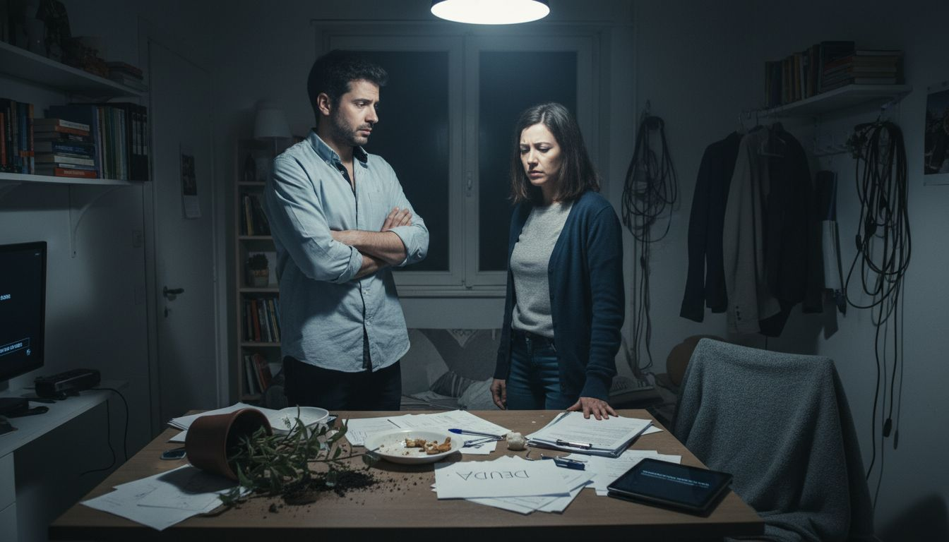 Una pareja discute acaloradamente en medio de una sala llena de desorden.